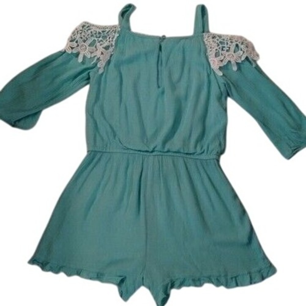 Takara‎ Girls Romper Cold Shoulder Lace Trim Teal Blue Size L